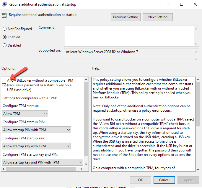 Group Policy Properties for Bitlocker