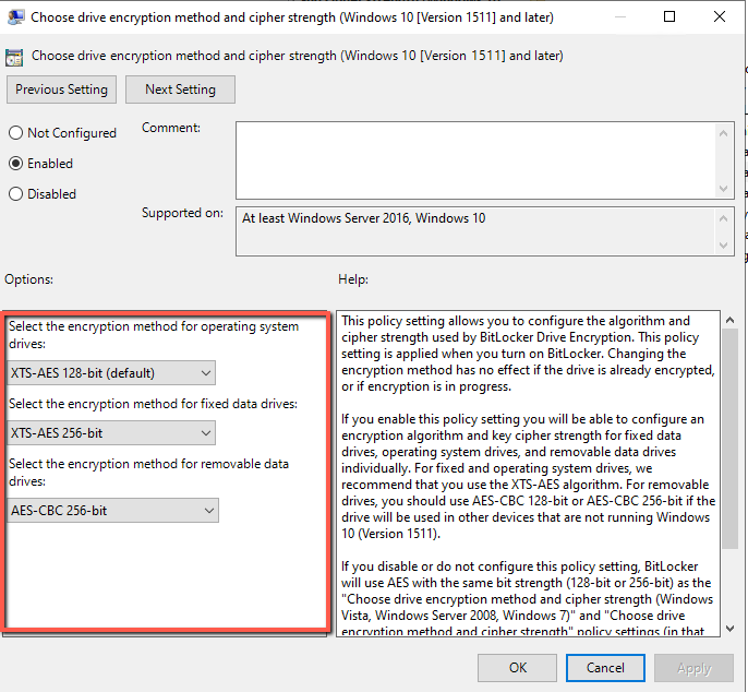 encryption methods for the Drives
