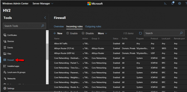 Windows Admin Center - Server Firewall
