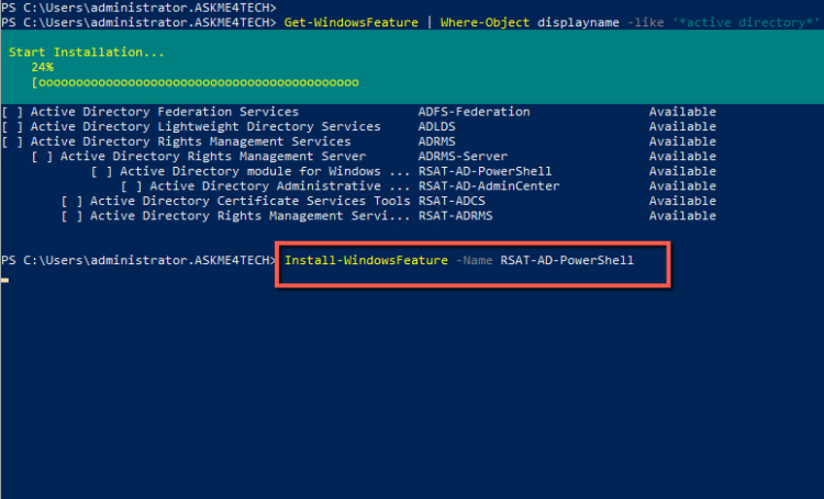 install active directory powershell module with powershell