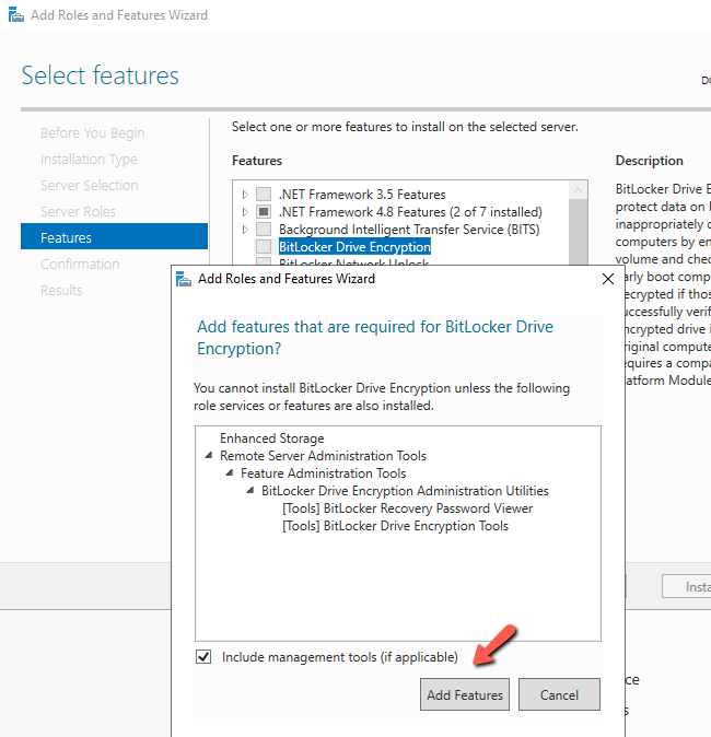 Bitlocker installation to the Windows Server - Step4