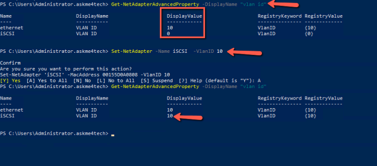 change vlan id of the network adapter powershell