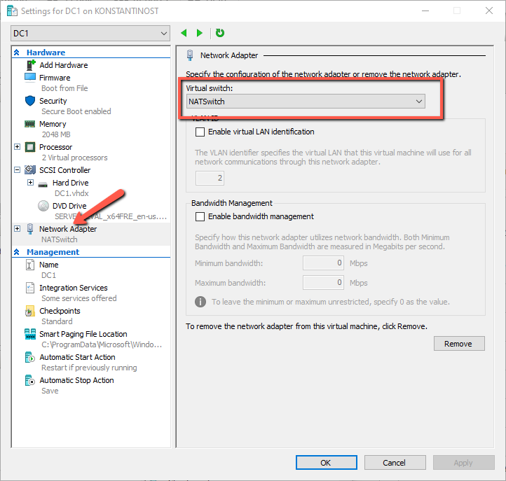 HYPERV Virtual machine network adapter settings